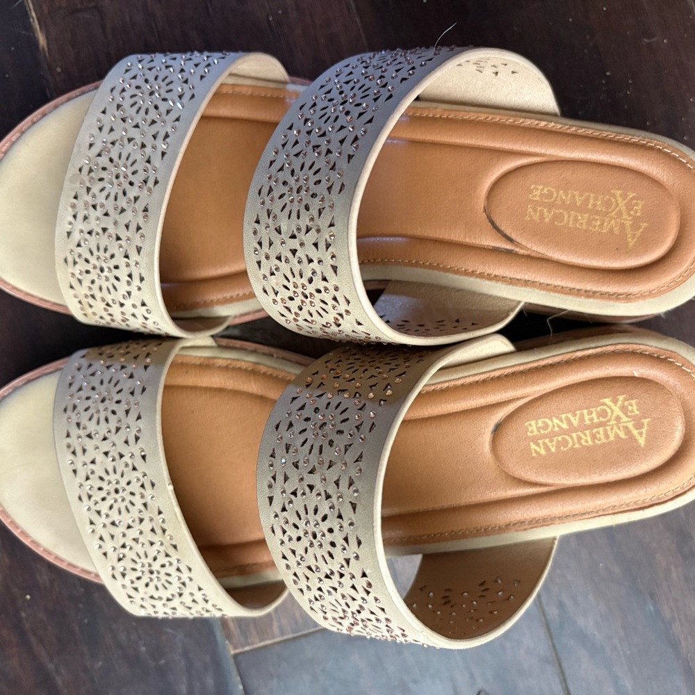 American Exchange Beige Laser-Cut Double Strap Slide Sandals